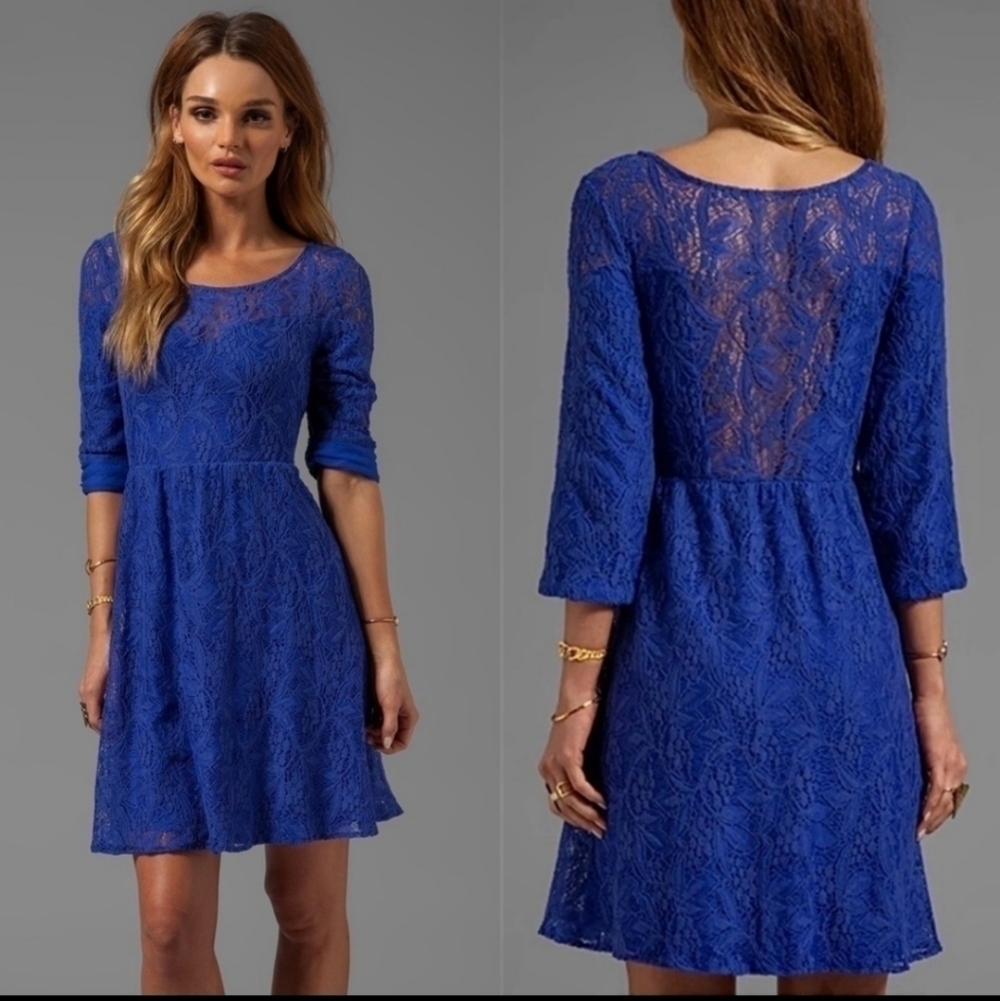 Free People "Shake it up" Mosaic Blue lace 3/4 sleeve flare skater mini …